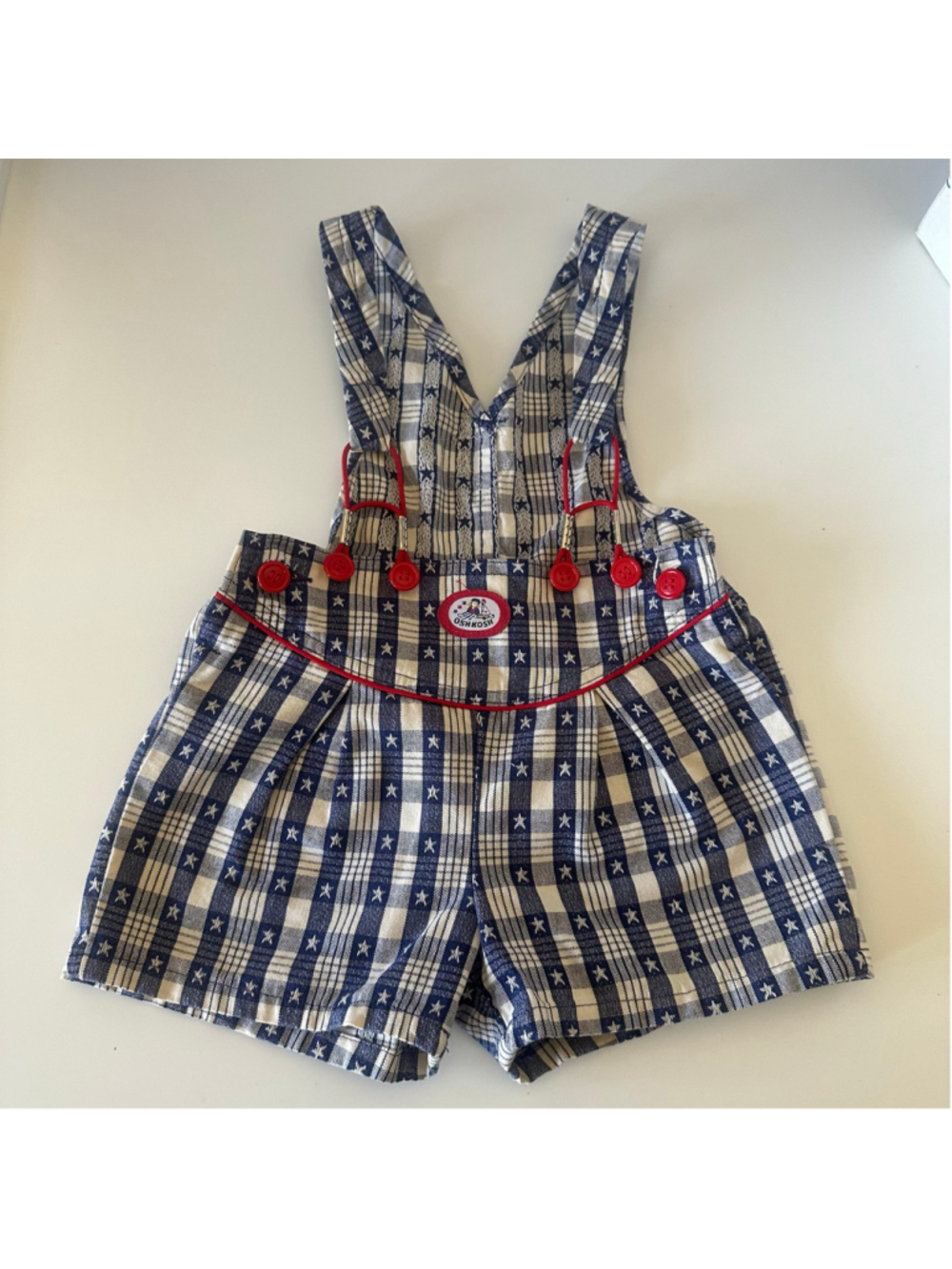 Vintage OshKosh B’Gosh Vestbak Suspender Shorts Stars Plaid USA (Size 3T)